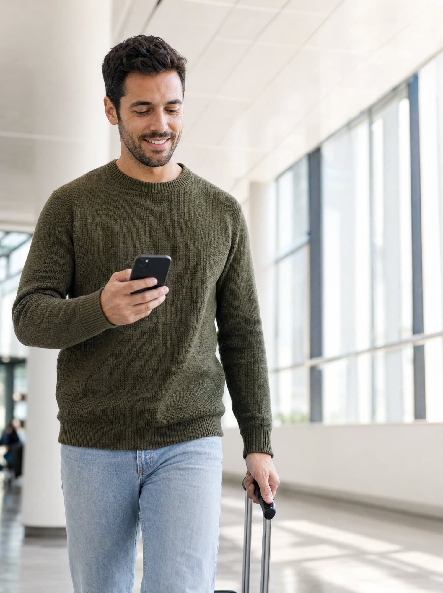 A man in an olive sweater smiling at Ask ELION on his phone