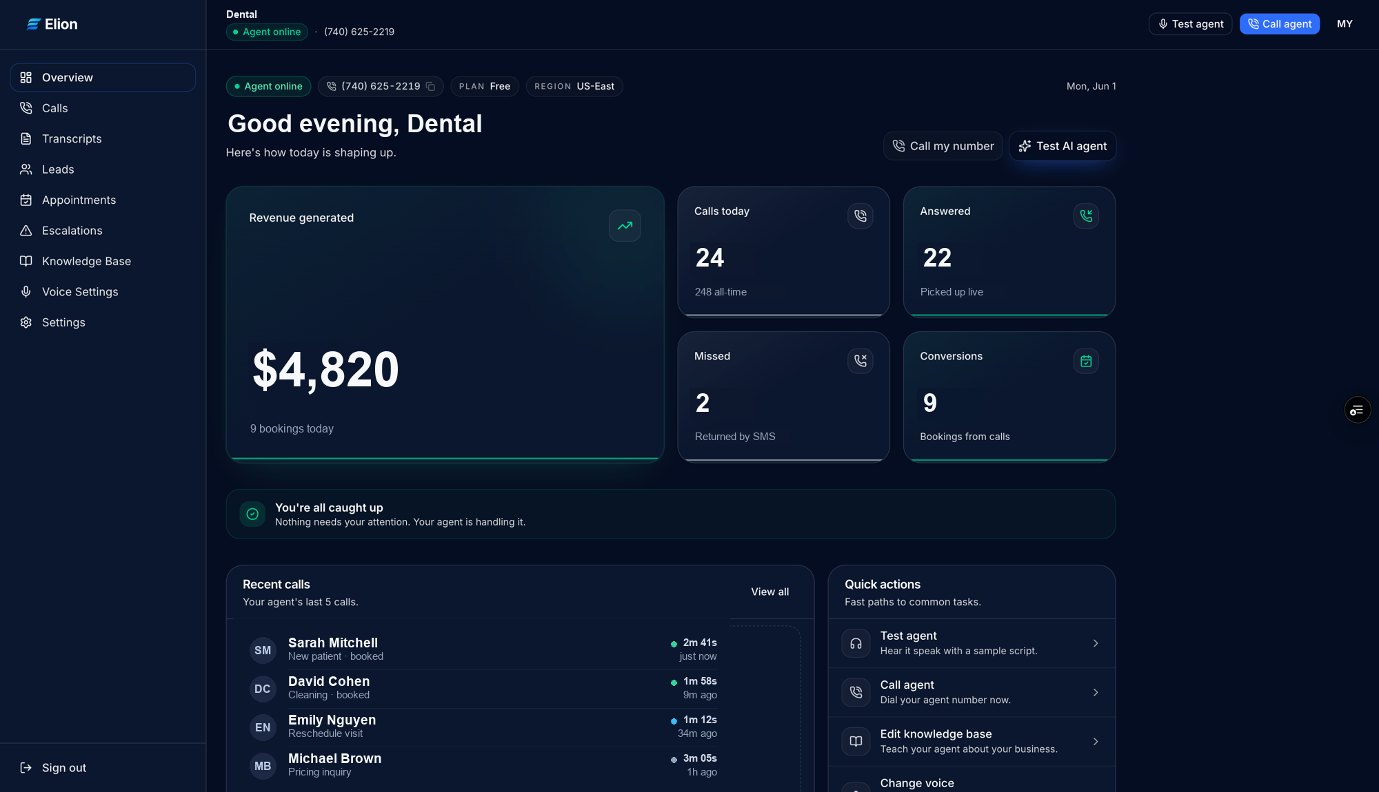 The Elion customer dashboard — calls, leads, bookings and revenue at a glance